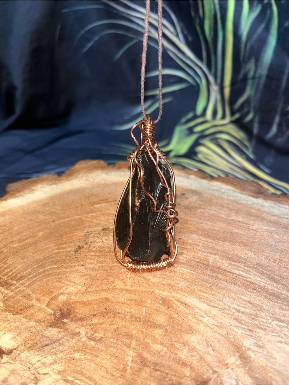 Black Obsidian Pendant Necklace with Copper Wire Wrap